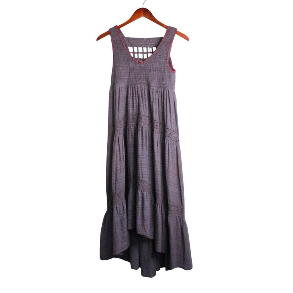Free People Smocked Tiered Maxi Dress Womens Boho High Low Lattice Grid Taupe XS